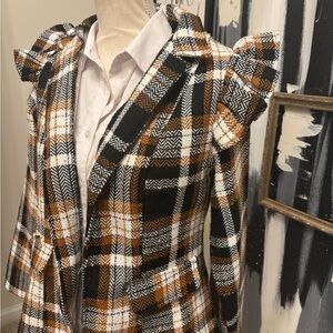 BMG Plaid Women's Jacket in Black, White, and Brown with Multicolor Accents